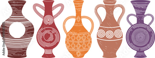 Decorative Vessels, burgundy vessel, concentric horizontal stripes, circular cutout