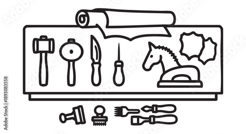 A collection of crafting tools and toys on a workbench, featuring a wooden horse figurine and various art supplies