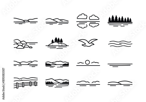 Lake Icon Set. Lake Landscape. Line icon set of Lake Landscape: wide lake view, distant hills, water horizon, cloud reflection, forest edge, rocky shoreline,