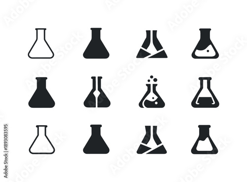 Volumetric Flask Icons. volumetric flasks. Icon set. Set Logo of volumetric flasks: negative-space flask form. harmonious logo variations of the same