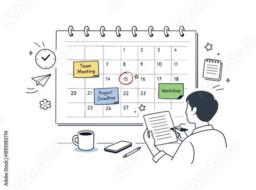 Organized Event Planner. Event calendar overview. A clean editorial scene showing a calendar page with marked dates, sticky notes, and a person reviewing