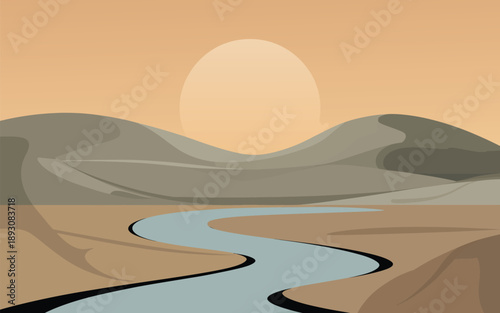 River, Landscape Poster, winding river, light blue white water, beige brown terrain