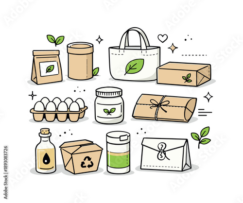 Eco Packaging Designs. Minimal sustainable packaging set. Different eco packaging shapes neatly arranged, showing variety and clean design approach. Friendly,