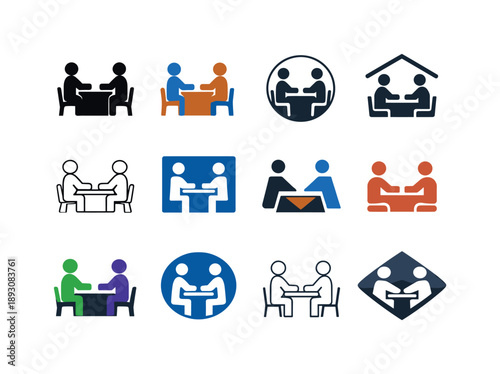 Parent-Teacher Meeting Icons. Parent-teacher meetings. Icon set. Set Logo of Parent-teacher meetings: teacher and parent sitting across a desk. harmonious logo