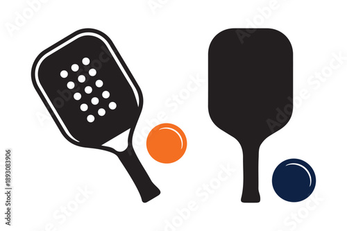 Set of pickleball paddle and ball icons in multiple designs and colors, isolated on white background. 
