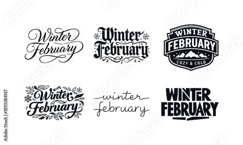 February Lettering Styles. Winter February lettering. Set lettering. harmonious lettering variations of the same emblematic concept, each with different