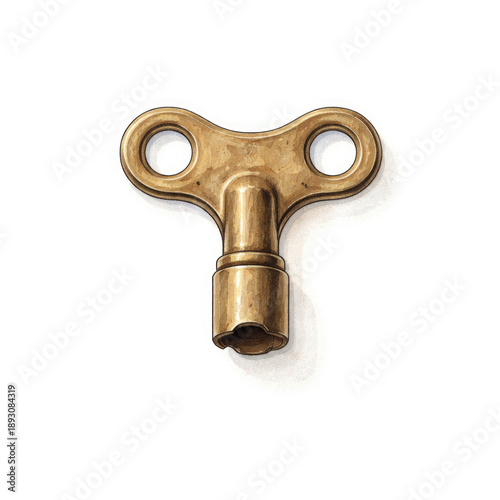 Vintage brass wind-up key watercolor clipart isolated on white background