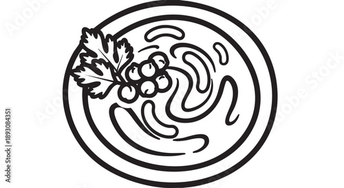 A circular plate with swirling patterns and a bunch of grapes with leaves, a simple illustration