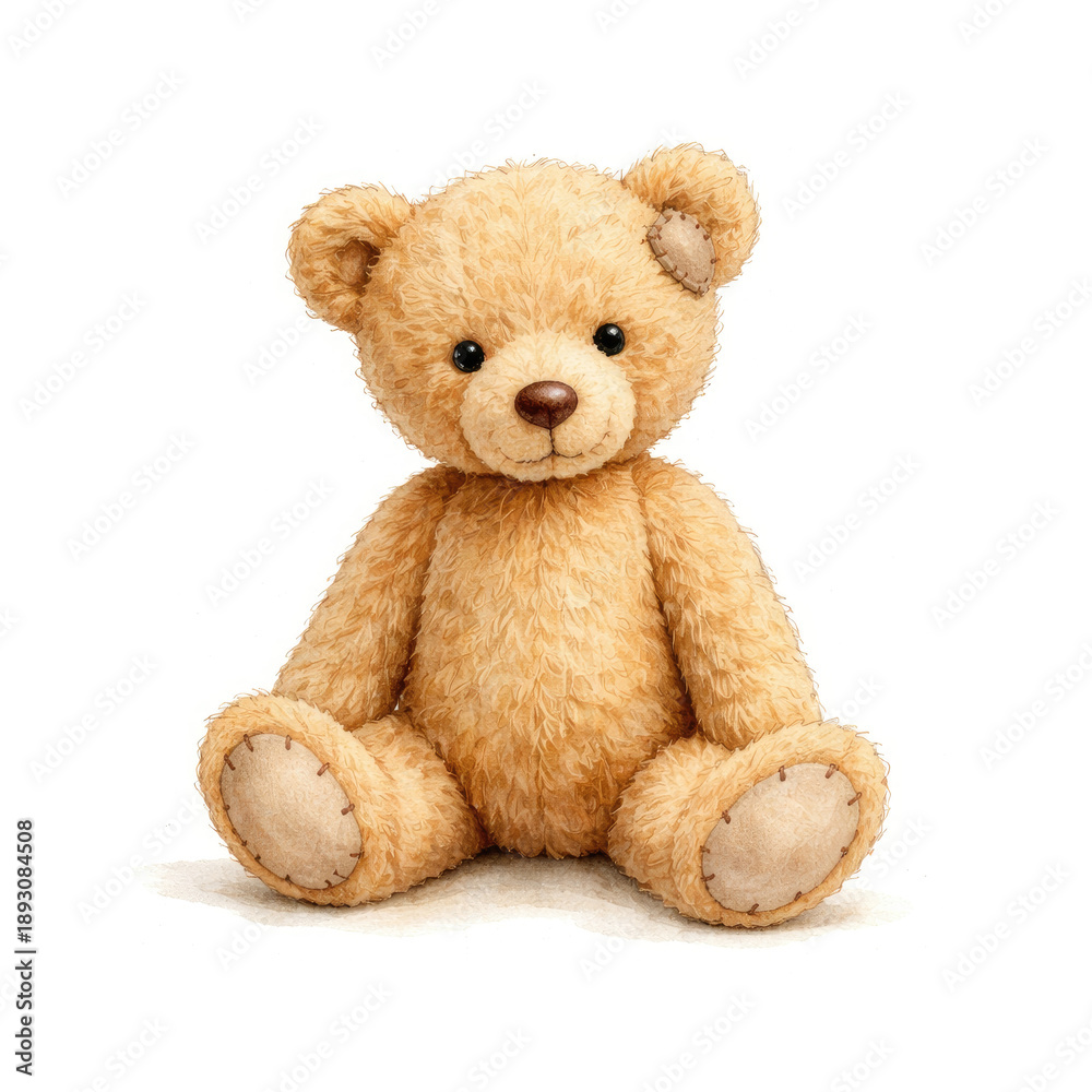 Obraz premium Brown teddy bear watercolor illustration, cozy plush toy hand painted isolated on white
