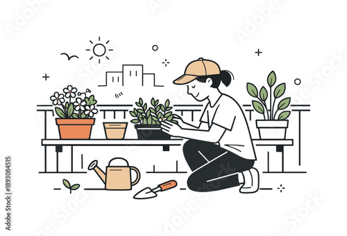 Balcony Herb Haven. Balcony gardening people. A person tending herbs and flowers in pots along a balcony railing, expressing mindful living and connection with