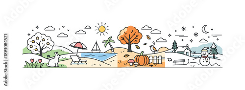 Seasonal Transition Art. Flow of seasons. A horizontal landscape divided into soft segments, each showing a different season blending into the next. Gentle