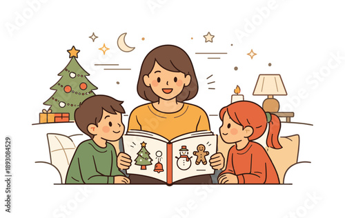 Cozy Christmas Storytime. Reading Christmas stories at home. Parent reading aloud while children listen attentively, book open with simple festive icons. Cozy