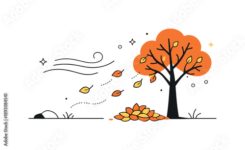 Autumn Minimalism. Seasonal minimalist scenes. An autumn scene with a single tree losing leaves, soft wind lines and falling shapes creating a quiet,