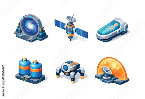 Intergalactic Iconography Grid. Intergalactic travel. Isometric flat vector icons set of Intergalactic travel: galaxy jump gate, long range communication