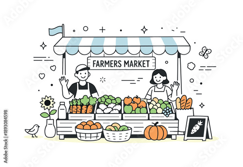 Farmers Market Display. Farmers market stand. Fruits and vegetables displayed under a simple canopy, suggesting local trade and everyday freshness. Friendly