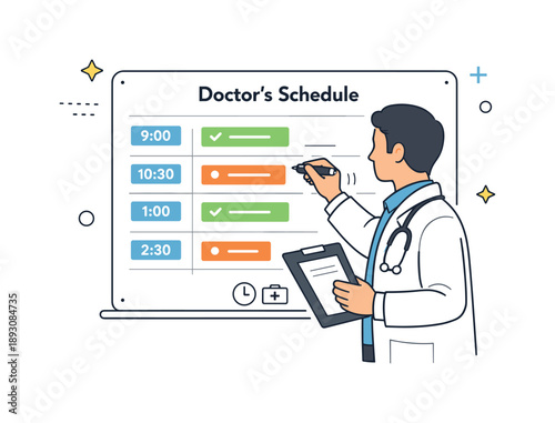 Doctor Adjusting Schedule. Updating doctor?s schedule. A doctor standing near a whiteboard, writing or adjusting appointments with a marker. The mood feels