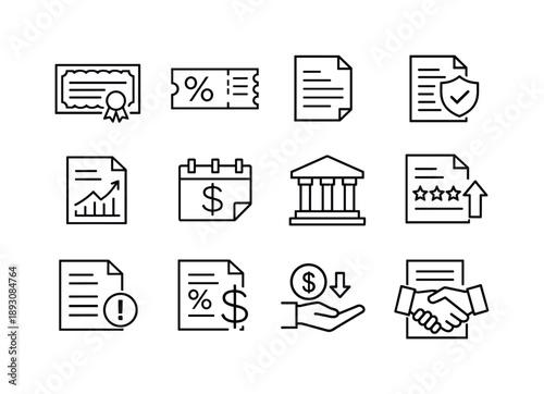 Bond Icon Set. Bond Documentation. Line icon set of Bond Documentation: bond certificate, coupon stub, terms sheet, indenture document, yield report, payment