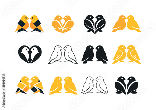 Canary Logo Variations. canaries. Icon set. Set Logo of canaries: pair of canaries facing each other. harmonious logo variations of the same emblematic