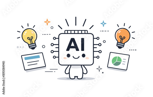 AI Inspiration Scene. Artificial intelligence innovation. AI symbol generating ideas and solutions, lightbulbs and cards floating nearby. Mood of progress,