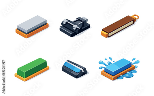 Sharpening Tools Icons. Sharpening. Isometric flat vector icons set of Sharpening: whetstone block, sharpening guide jig, honing strop strap, polishing
