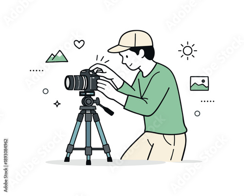 Focused Camera Adjustment. Photography hobby illustration. A person adjusting camera settings on a tripod, capturing a quiet moment of concentration and