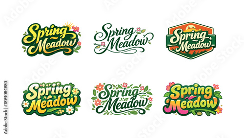 Harmonious Lettering Variations. Spring meadow. Set lettering. harmonious lettering variations of the same emblematic concept, each with different artistic