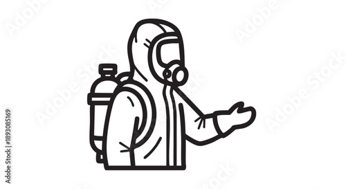 A person wearing protective gear and gas mask gesturing in a hazardous environment illustration