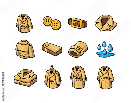 Colorful Trench Icon Set. Trench. Colorful isometric vector icons set of Trench: trench coat, double-breasted buttons, belt buckle, wide lapel, storm flap,