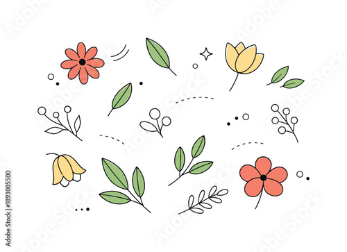 Modern Botanical Illustration. Blooming Botanical Abstract. Floating flowers and leaves arranged with generous spacing, creating a modern editorial nature