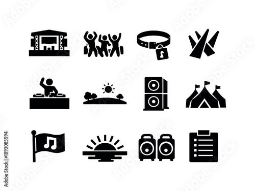 Music Festival Icons. Music festival. Solid icon set of Music festival: festival stage, crowd dancing, wristband pass, light beams, DJ booth, open field, sound