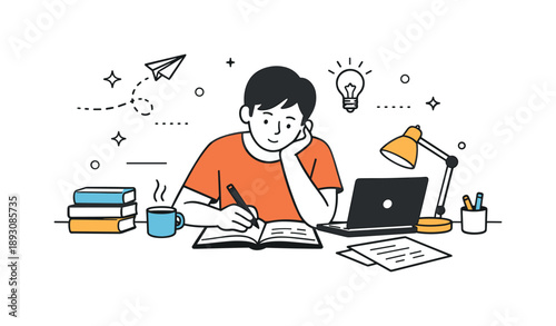 Focused Self-Study. Self education scene. A person deeply focused while studying alone at a desk with books, notes, and a laptop. Calm and dedicated atmosphere