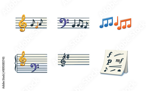 Colorful Music Icons. Notation Details. Isometric flat vector icons set of Notation Details: treble clef line, bass clef excerpt, rhythmic note grouping, grand