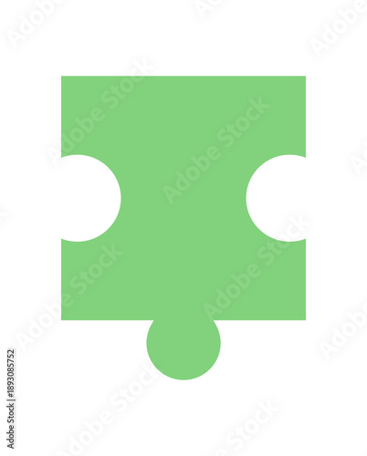Flat green jigsaw puzzle piece with a simple silhouette. Fun tile element for boardgame or table activities. Perfect for recreation, entertainment, or childhood skill games.