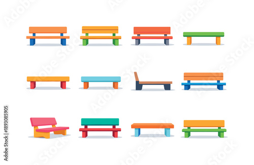 Minimalist Bench Icons. Minimal outdoor bench. Colorful flat vector icons set of Minimal outdoor bench: simple bench design, clean wooden bench, modern park