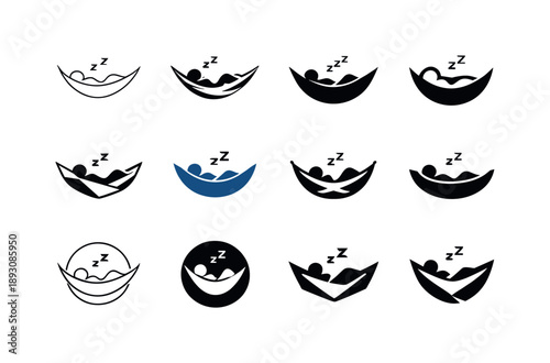 Hammock Icon Set. A person drifting off to sleep in a hammock. Icon set. Set Logo of a person drifting off to sleep in a hammock: person silhouette resting in