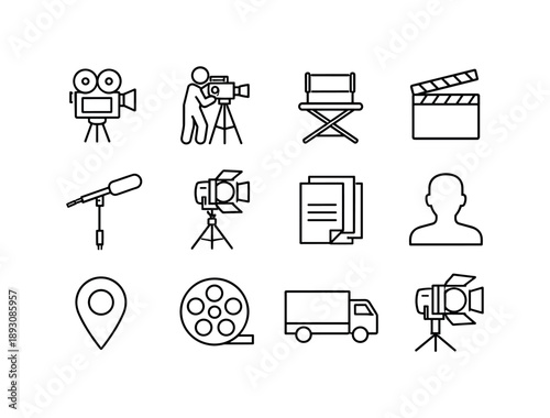 Film Crew Icon Set. Film crew on location. Line icon set of Film crew on location: film camera, camera operator, director chair, clapperboard, boom microphone,