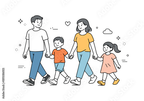 Family Stroll Scene. Family walk. Parents and children walking together side by side in a relaxed rhythm. Warm everyday moment and calm family connection.