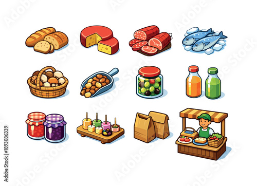 Fresh Food Icons. Fresh Food Market. Colorful isometric vector icons set of Fresh Food Market: bread loaves, cheese wheel, cured meats, fresh fish, mushrooms