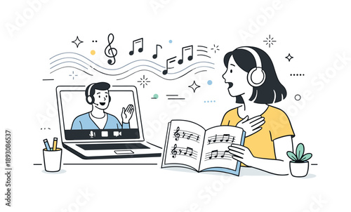 Virtual Singing Lesson. Online singing tutorials. A vocal coach teaching through a laptop screen while a student practices at home, following notes and