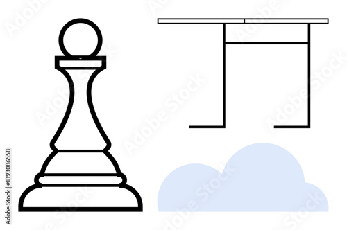 Strategy, workspaces, creativity, minimalism, abstract ideas, planning. Chess pawn, minimalist table outline and simple cloud shape. Strategy and workspaces inspire abstract and creative planning