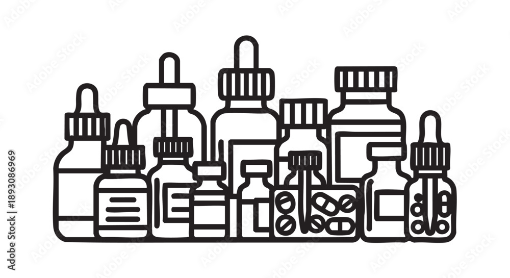 Fototapeta premium A collection of various medical bottles and dropper bottles arranged closely on a clean surface viewed from the front