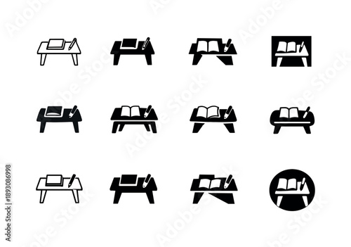 Writing Desk Logos. Writing desk. Icon set. Set Logo of writing desk: minimalist desk with notebook and pen. harmonious logo variations of the same emblematic