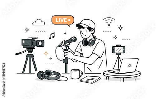 Virtual Concert Setup. Virtual concerts and live-streamed events. A performer setting up microphones and cameras before going live, calm preparation and