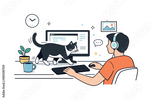 Cat's Gentle Disruption. Pets in home environments. A cat walking across a desk while a person works on a computer, creating a gentle interruption in a modern