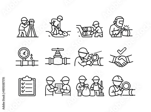 Field Installation Icons. Field Installation Process. Line icon set of Field Installation Process: site survey icon, trench digging, pipe laying, worker
