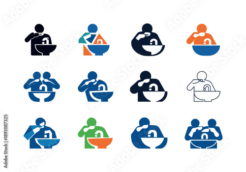 Morning Routine Icons. Morning routine. Icon set. Set Logo of morning routine: brushing teeth sink. harmonious logo variations of the same emblematic concept,