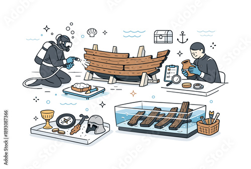 Shipwreck Restoration Artistry. Historical shipwreck restoration process. Wooden hull fragments and recovered artifacts carefully handled during underwater