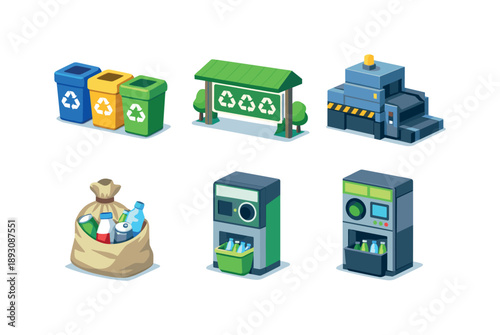 Recycling Station Icons. Recycling station icons. Isometric flat vector icons set of Recycling station icons: labeled recycling bins, colored bin set
