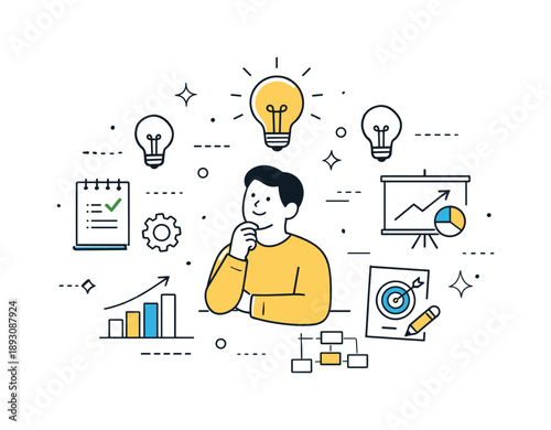 Innovative Business Concept. Business idea generation illustration. Minimal lightbulbs, notes, and charts surrounding a figure, expressing inspiration,
