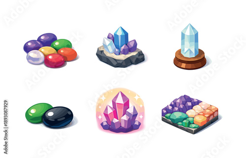 Healing Crystal Icons. Healing Crystals. Isometric flat vector icons set of Healing Crystals: polished crystal set, raw crystal chunk, crystal point stand,